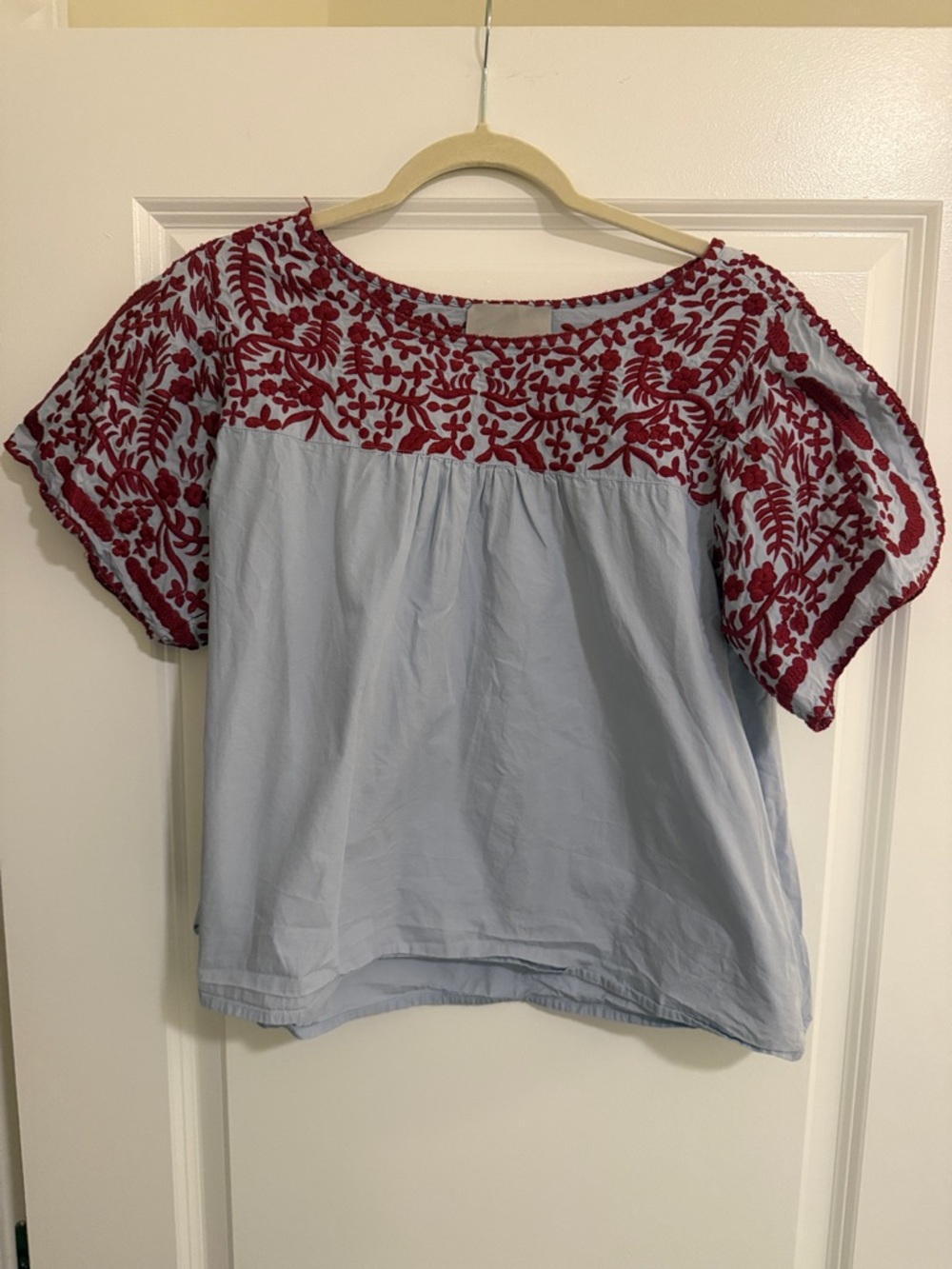 Anthropologie Chloe Oliver Light Blue Embroidered Short-Sleeve Top